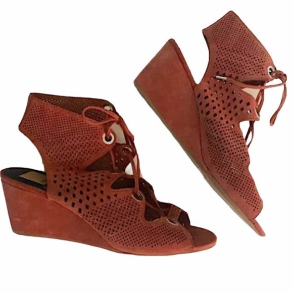 DOLCE VITA Laras Perforated Suede Lace Up Wedge Sandals - Picture 1 of 7